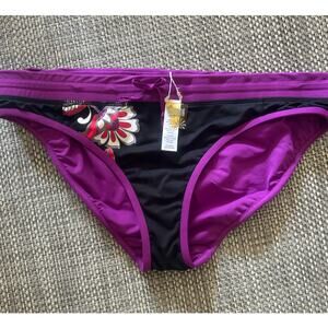 ATHLETA Hawaiian Hipster Bikini Botton Black Purple Hibiscus Tie Front L